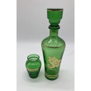 Italian Green Decanter w/Gold Gilding Leaf & Flower - Barware 11" + Mini Vase